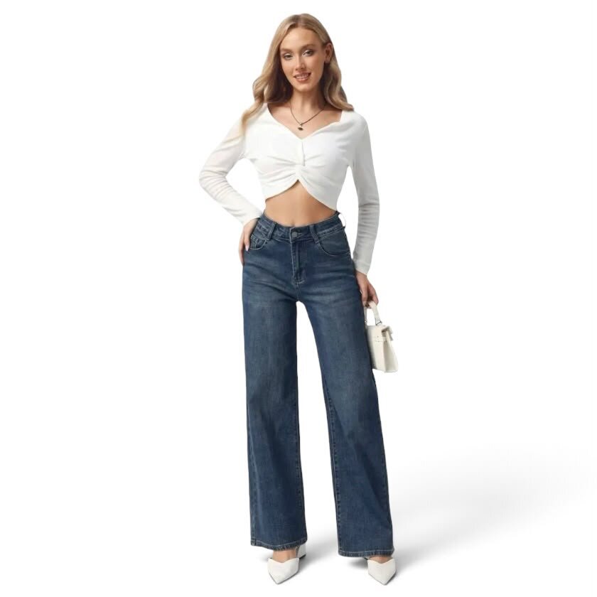 La Signorile - Jeans in denim a gamba larga con lavaggio medio - donna