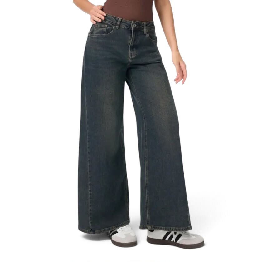 La Signorile - Jeans in denim a gamba extra-larga con lavaggio sabbiato - donna