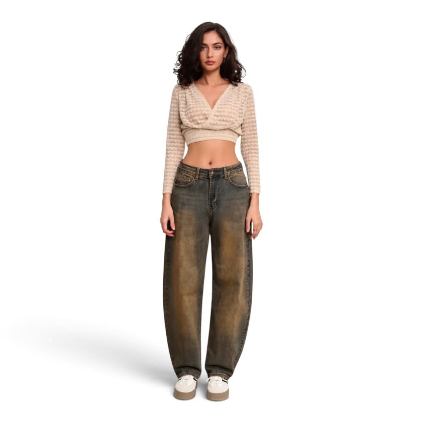 La Signorile - Jeans in denim modello balloon con lavaggio vintage fango - donna