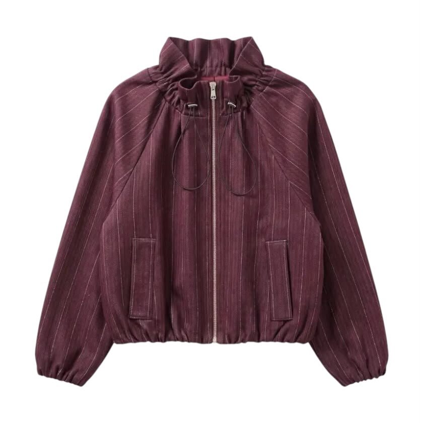La Signorile - Giacca bomber gessata con collo arricciato e coulisse - donna