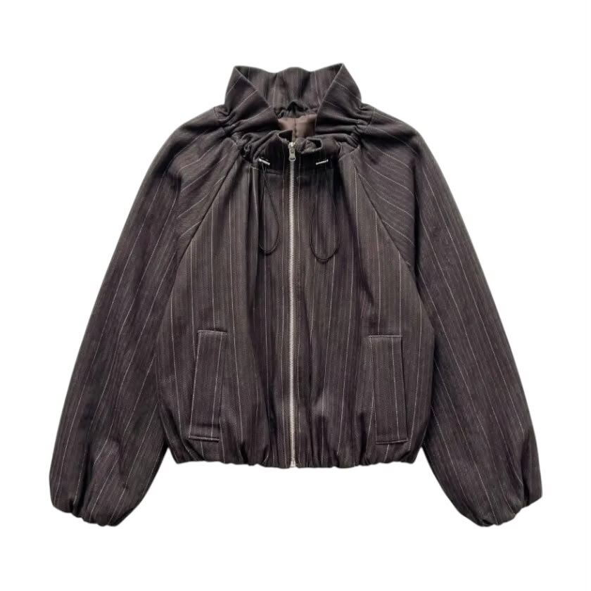 La Signorile - Giacca bomber gessata con collo arricciato e coulisse - donna