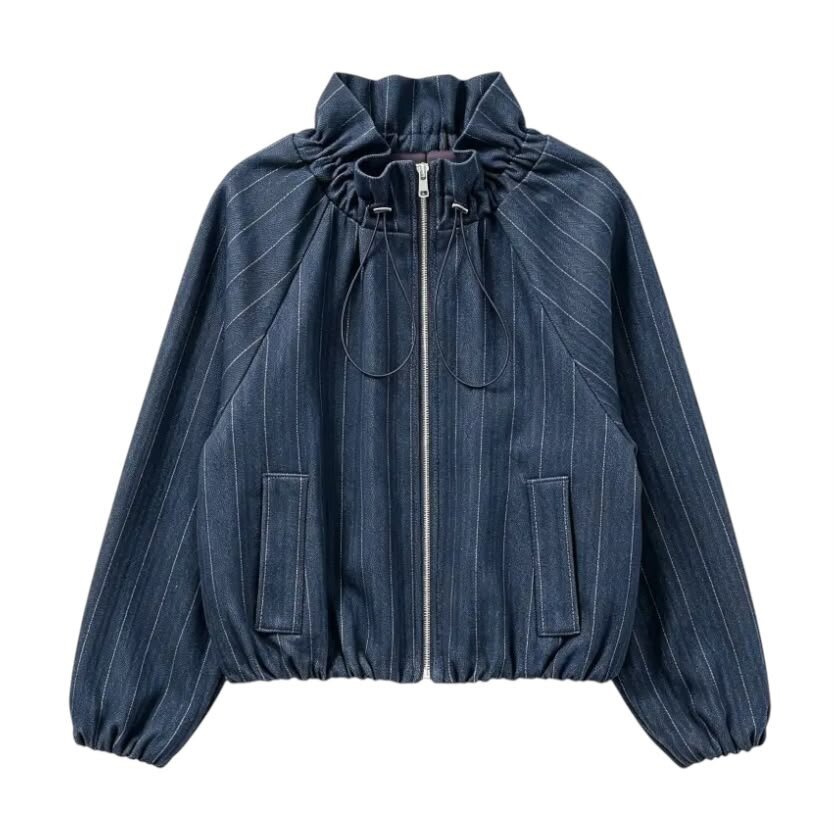 La Signorile - Giacca bomber gessata con collo arricciato e coulisse - donna