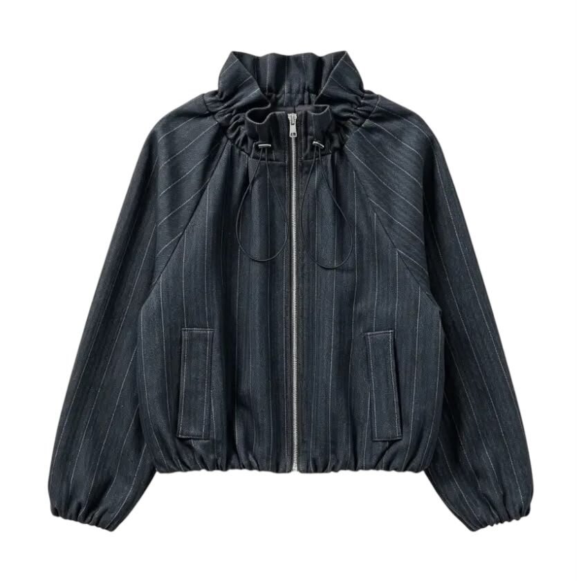La Signorile - Giacca bomber gessata con collo arricciato e coulisse - donna